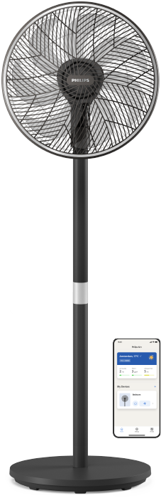(öffnet im selben Fenster) Ein Philips Standventilator neben den Mini-Symbolen der Philips Air+ App vor einem hellblauen Hintergrund.